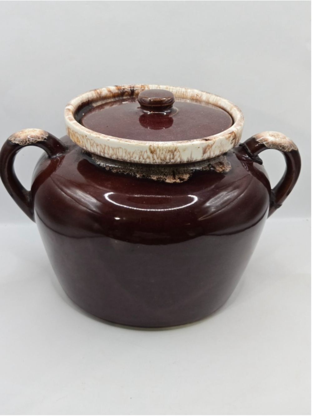 Vintage McCoy Pottery Brown Drip Bean Pot #342 Casserole Crock Lid As Is Decor